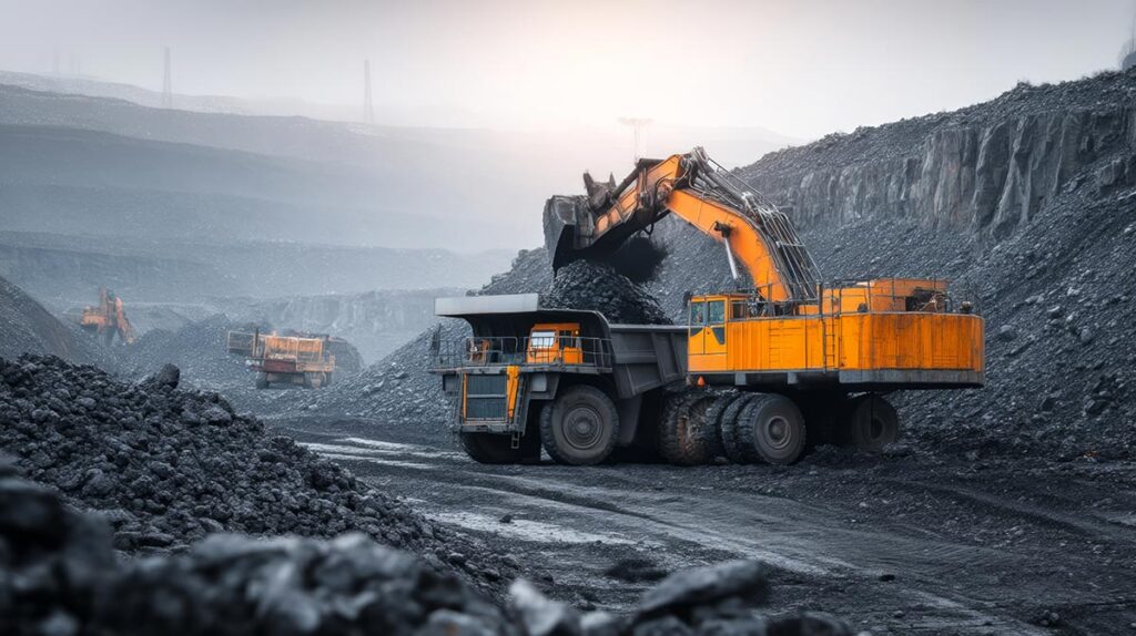 A vibrant depiction of mining operations with heavy equipment. 