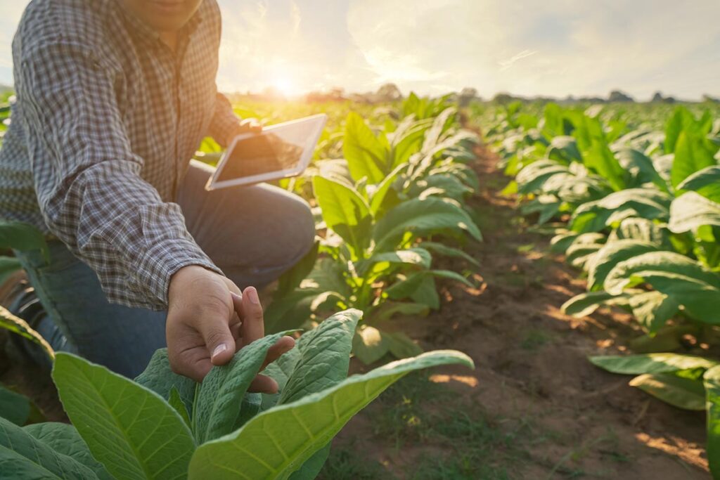 Farmers hands touch and select young tobacco leaves to collect information.